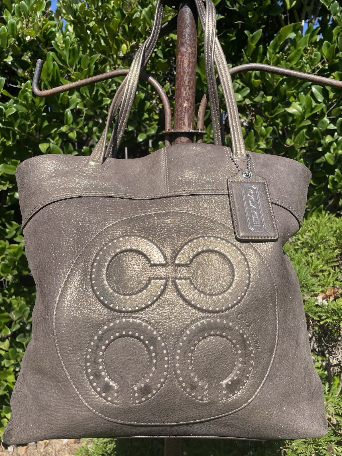 Coach Julia Op Art Perry Tote Bronze Metallic 14967 Pebbled Leather