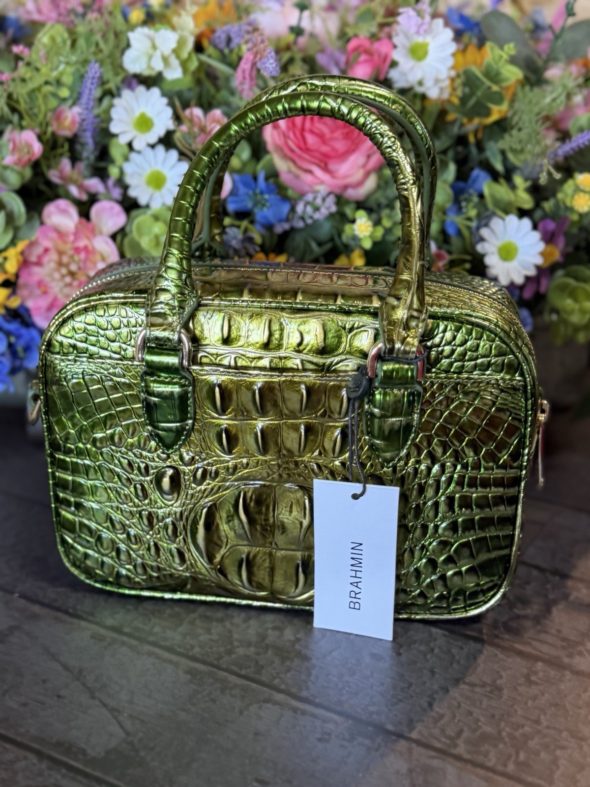 Brahmin Mara Cacti Green Satchel Pretty Eye Placement NWT Metallic Beauty