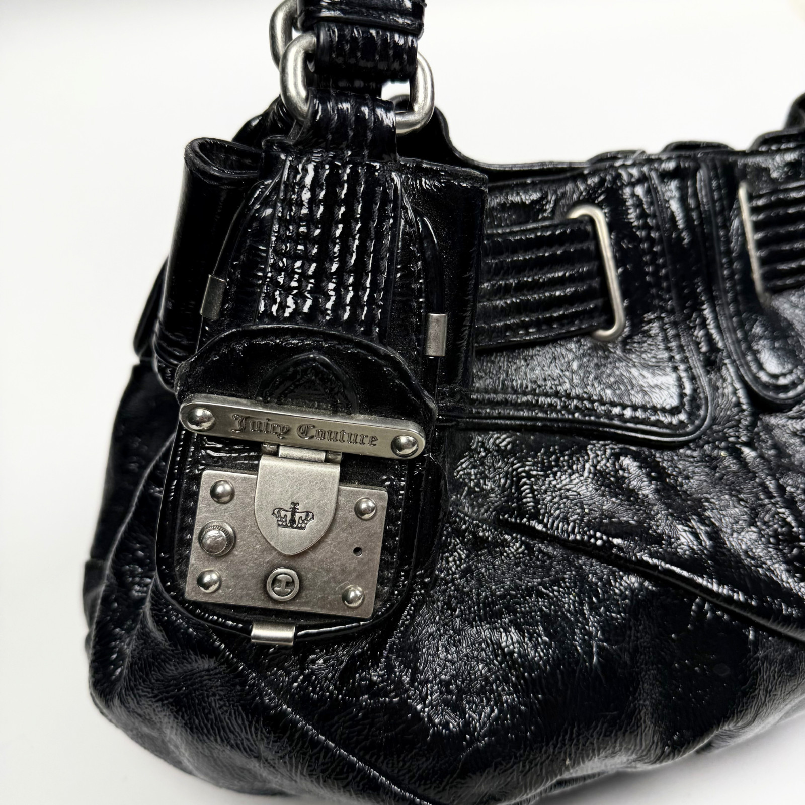 Juicy Couture Y2K Black Patent Leather Shoulder Bag Vintage Silver Hardware