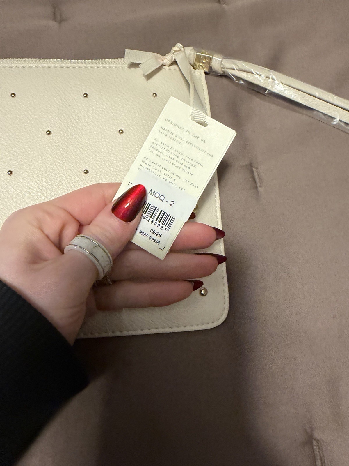 Katie Loxton White Pebbled Small Wristlet Clutch Studded Zip Gold Hardware