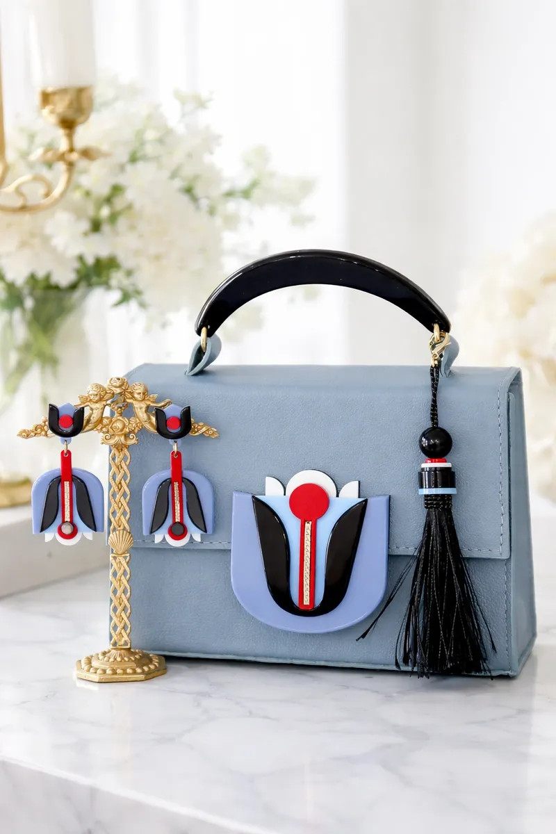 Gissa Bicalho Acrylic Earrings & Vegan Leather Handbag Set
