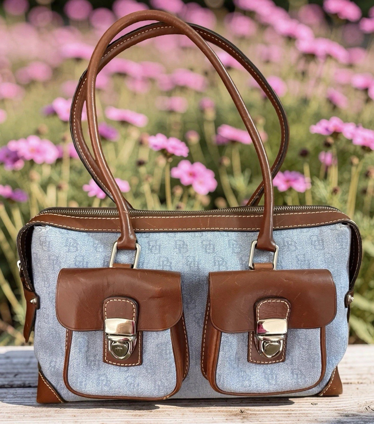 Dooney Bourke Blue Denim Jeans DB Logo Double Pocket Satchel Saddle Shoulder Bag