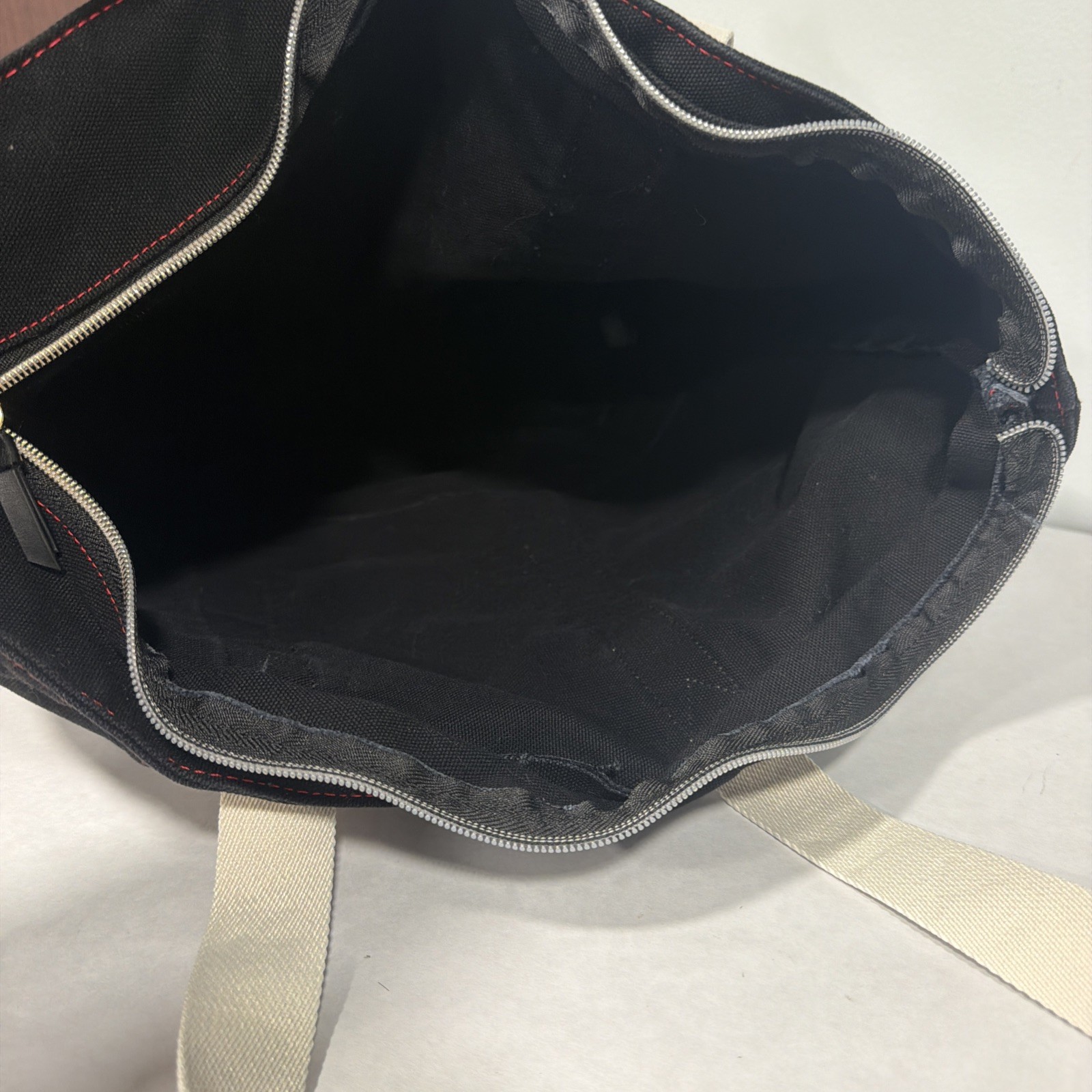 Victoria’s Secret Black Canvas Tote Bag Red Stitching Logo, Logo Strap, Zip Top