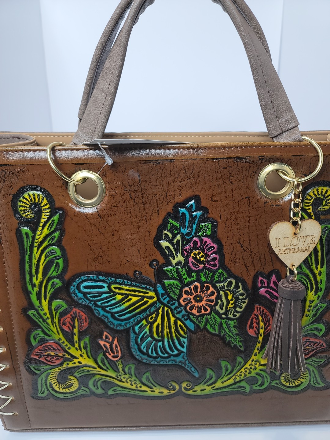 Tote Purse Handbag Cross Body Genuine Leather Butterfly Hand Made Artisanal 2pc