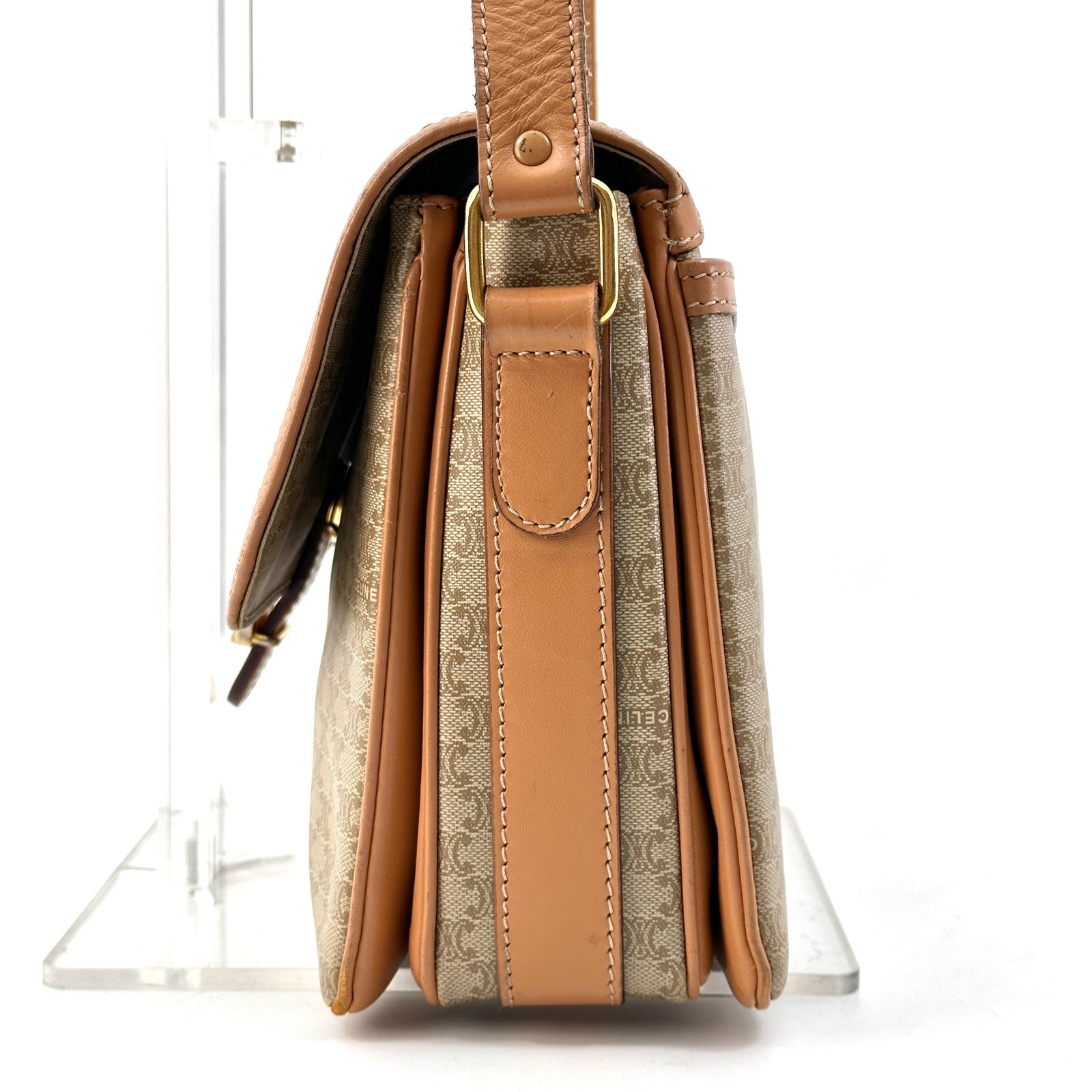 Celine Macadam Triomphe Crossbody Shoulder Bag PVC Leather Beige Brown Vintage