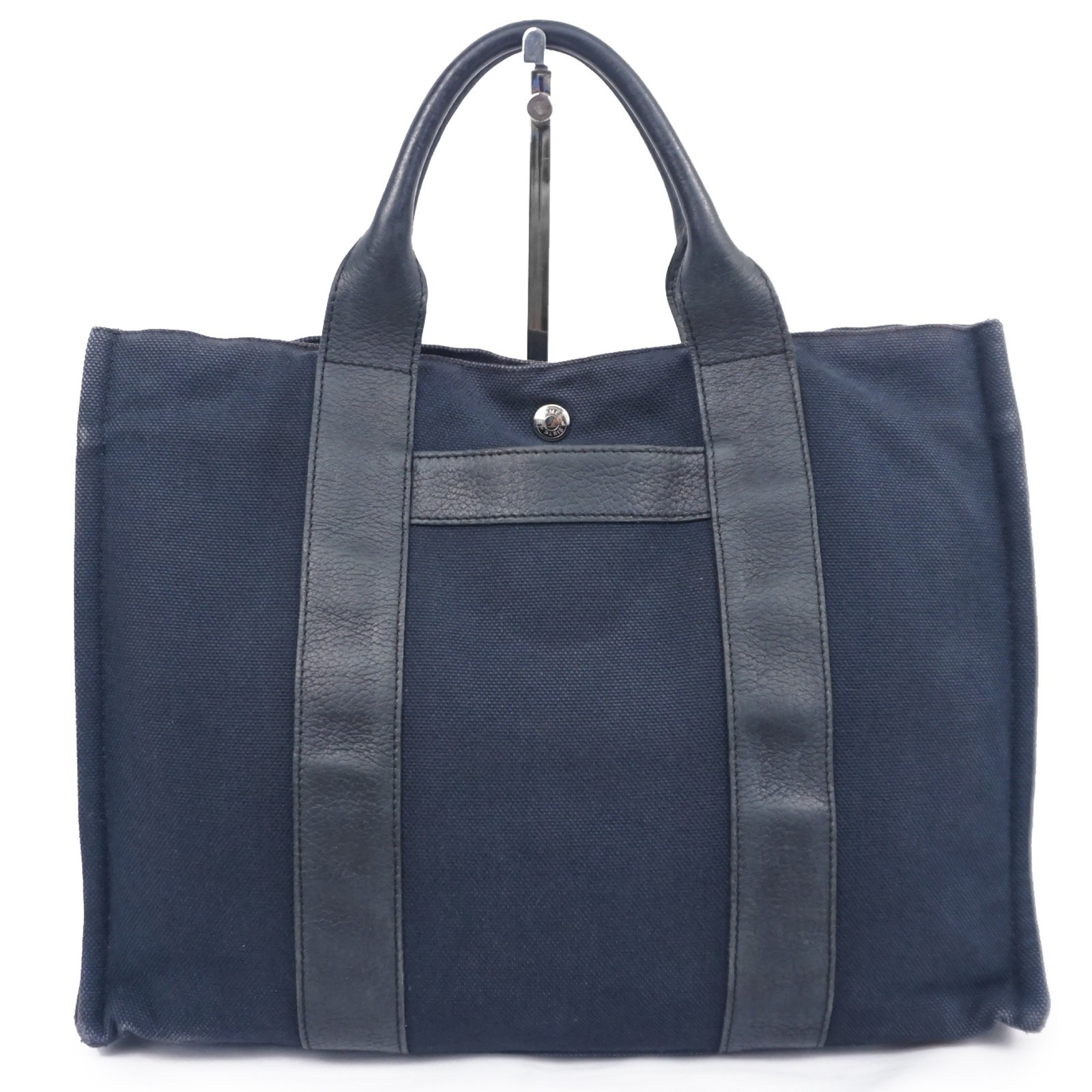HERMES Sac Harnais MM Tote Handbag Canvas Leather Dark Navy B26H553