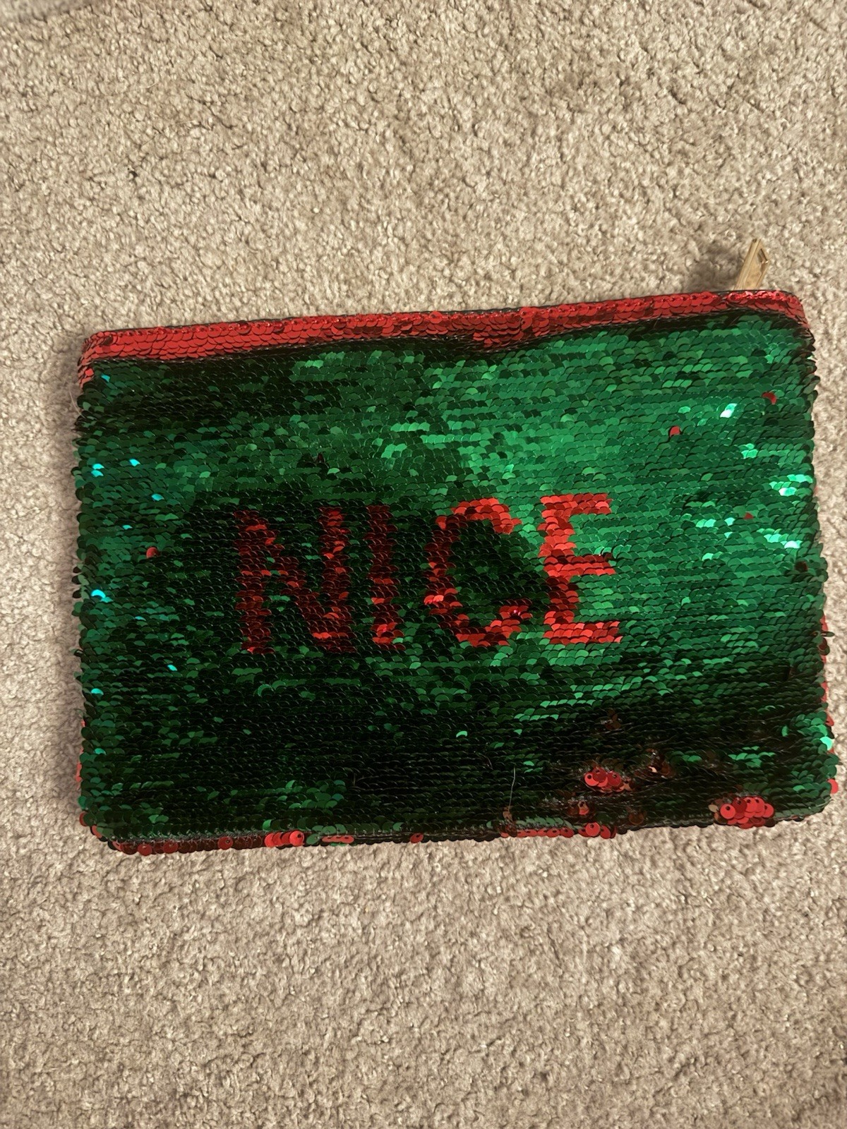 Reversible Sequin Nice/Naughty Wristlet Clutch, Red/Green Zip, Inner Pockets