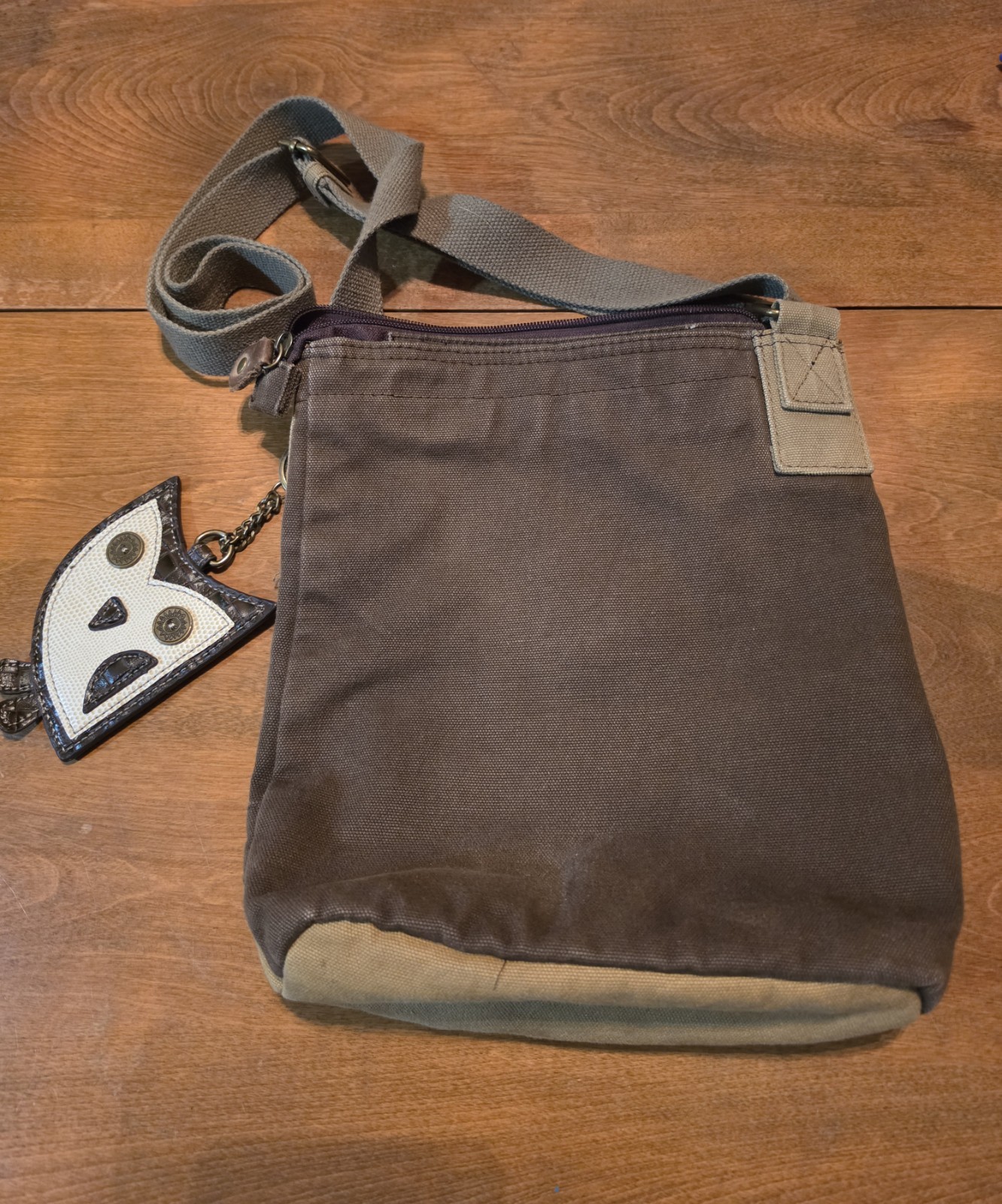 CHALA two toned brown canvas crossbody bag with adorable owl change purse