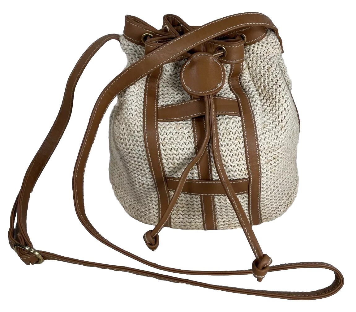 Bucket Bag Over Shoulder Purse Cream Cotton Weave Leather Drawstring Strap