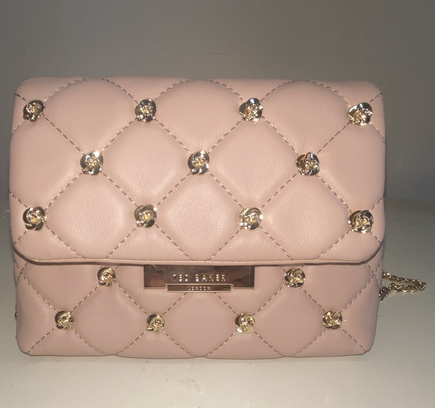 Ted Baker London Quilted Blush Pink Leather Crossbody Bag Gold Rose Studs