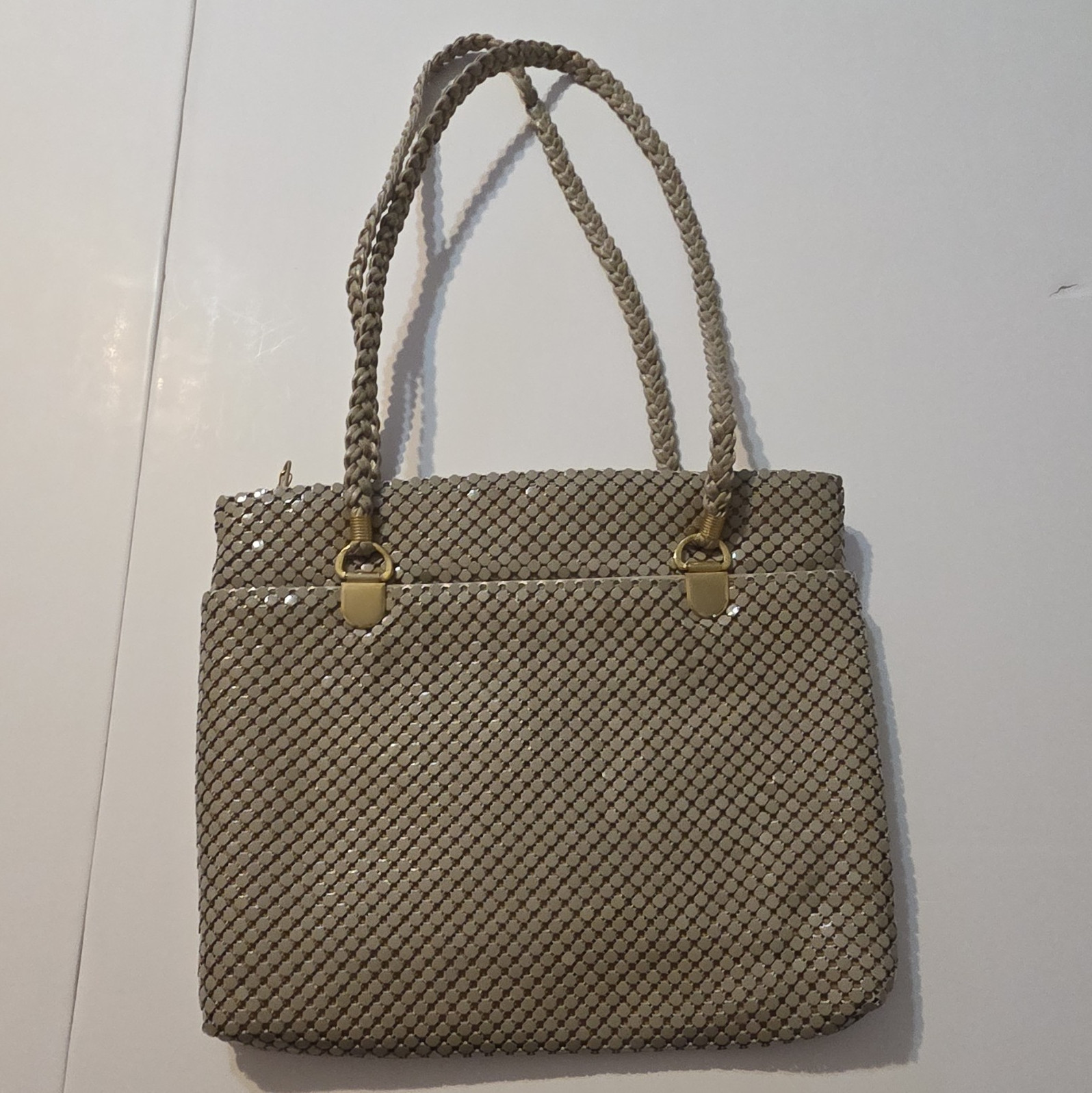 Vintage Beige Metallic Shoulder Bag Geometric Double Handles Zip Closure