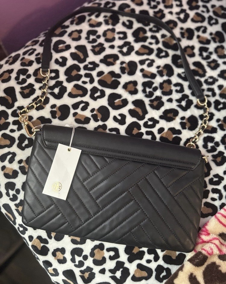 NWT Tory Burch Alexa Quilted Chevron Clutch Shoulder Bag Black *Imperfection*