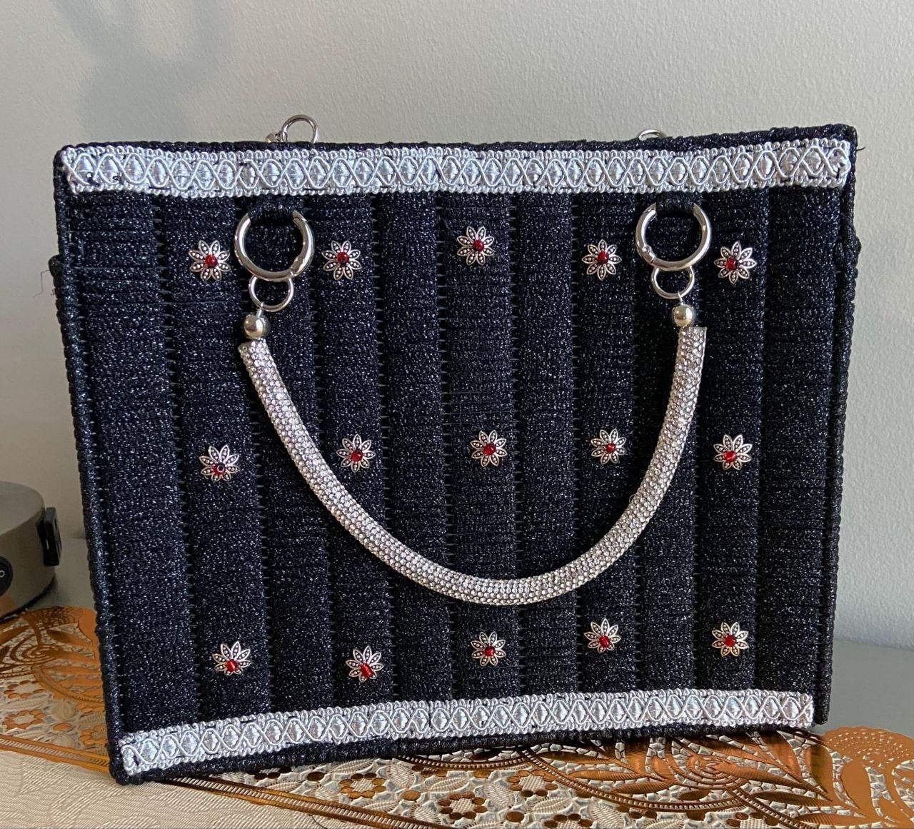 Black Floral Embroidered Top Handle Satchel Bag with Silver Hardware