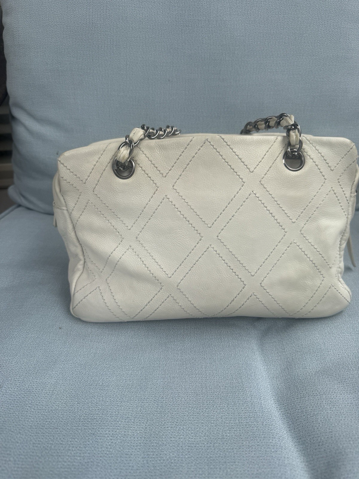 CHANEL Classic Medium Beige Quilted Zip Shoulder Bag Chain Strap Silver HW