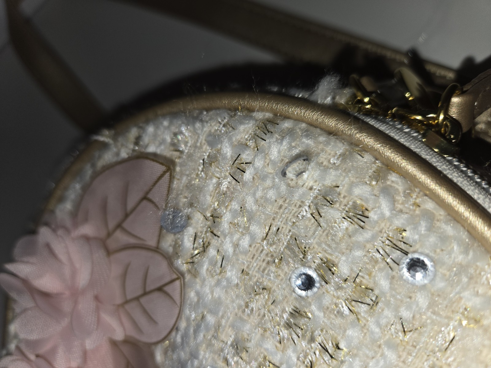 Disney Princess Round Tan White Tweed Crossbody Bag Purse Rhinestones 3D Floral