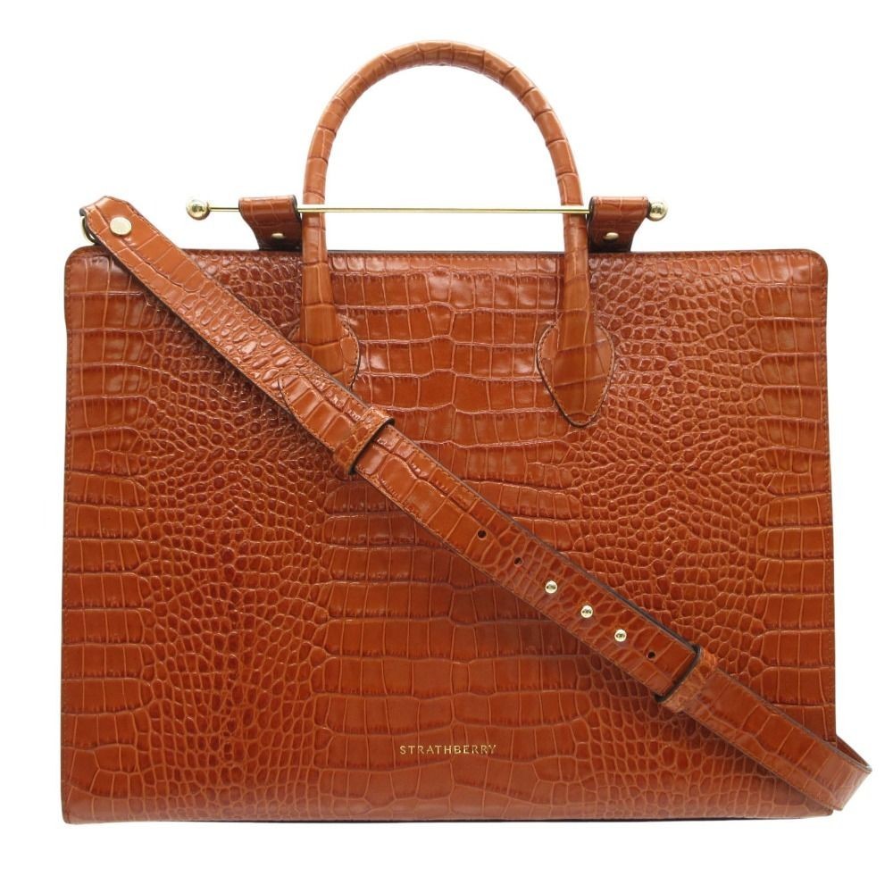 Auth Strathberry Croc Embossed Leather Tote 2WAY Shoulder Handbag Brown Spain