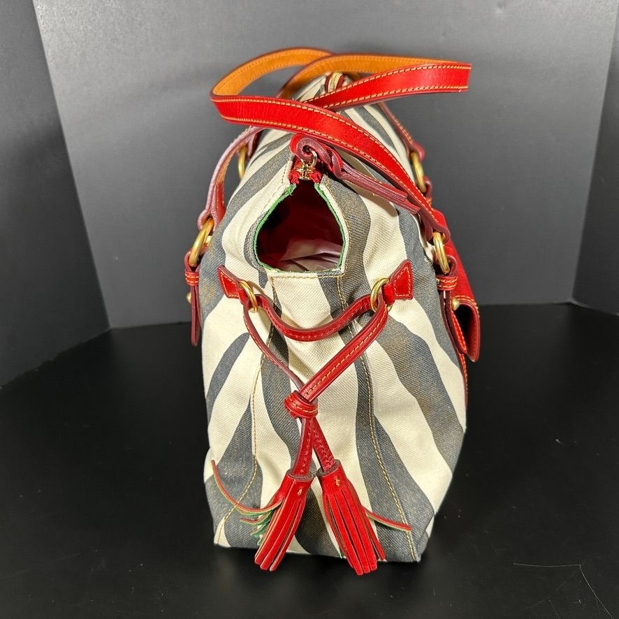 Dooney and Bourke THE SMITH BAG Zebra Print Canvas Leather Handles Tassels