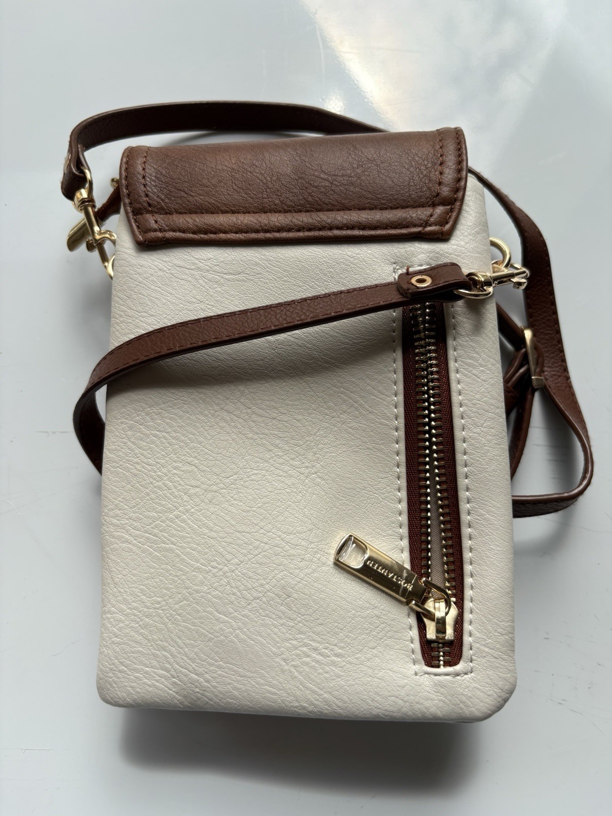BOSTANTEN Crossbody Phone Bag, Zip/Magnetic Close, Gold Hardware, Brown/White