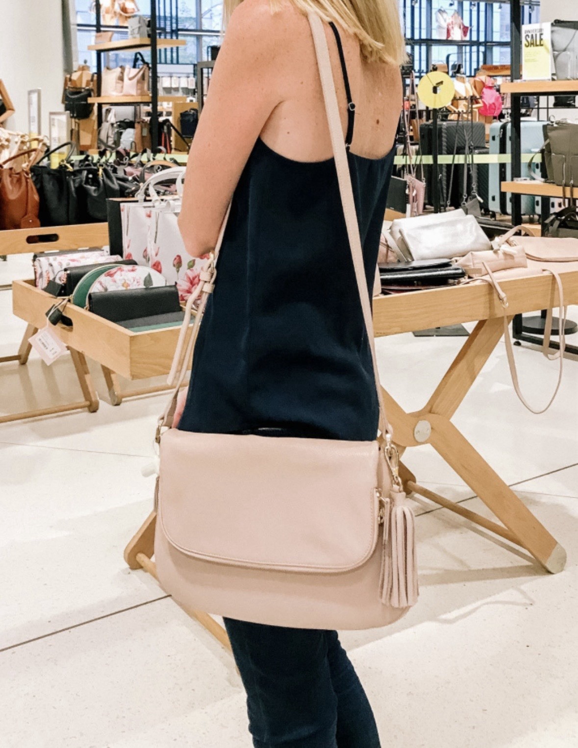Nordstrom Beige Pebbled Medium Crossbody Bag Zip Magnetic Tassel Gold Hardware