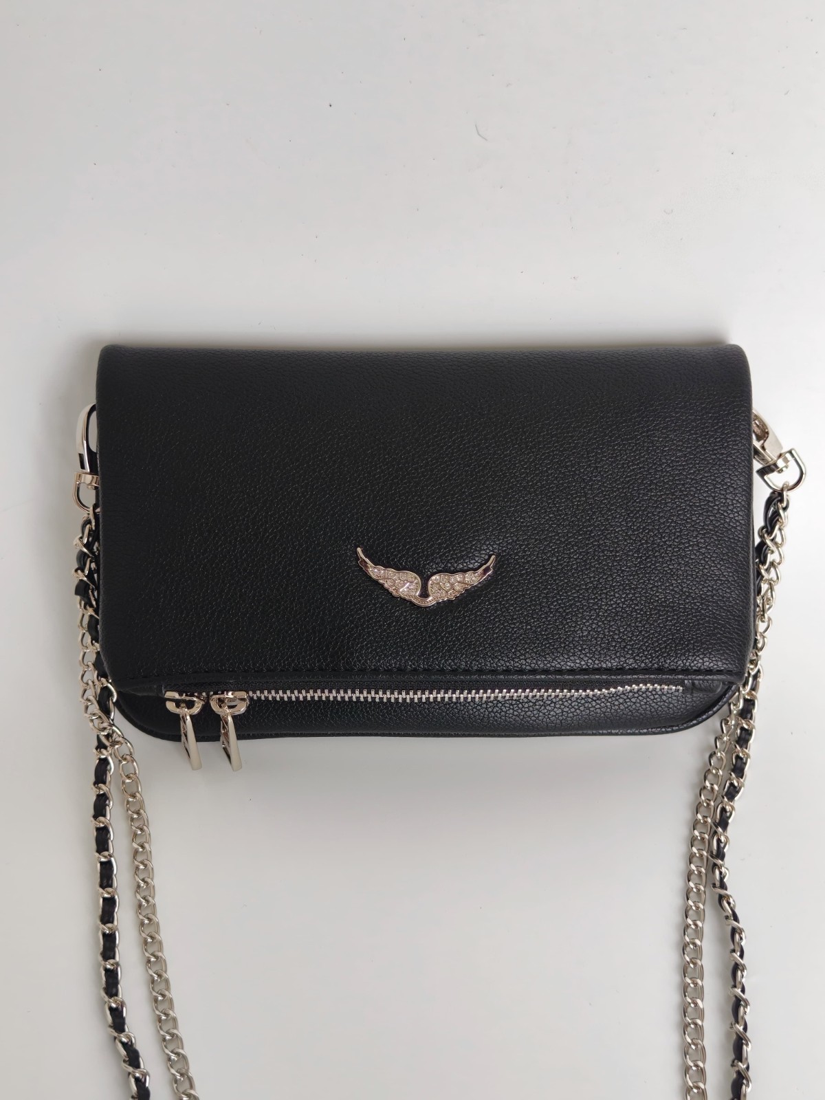 Zadig & Voltaire Rock Wing Black Silver Pebbled Leather Shoulder Bag 21×13×3cm
