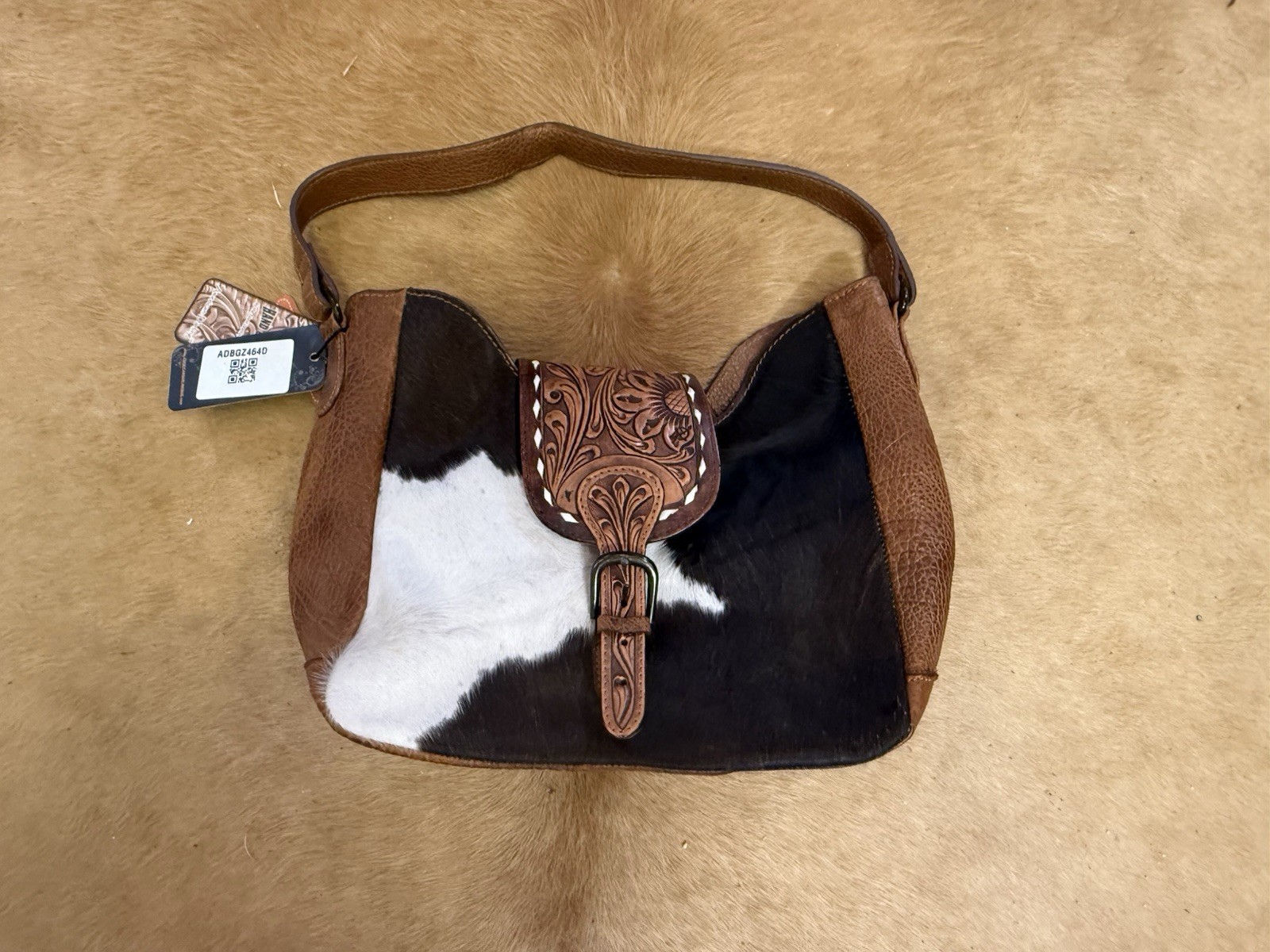 American Darling Cowhide Western Shoulder Bag W/Tooled Leather Buckle Closure
