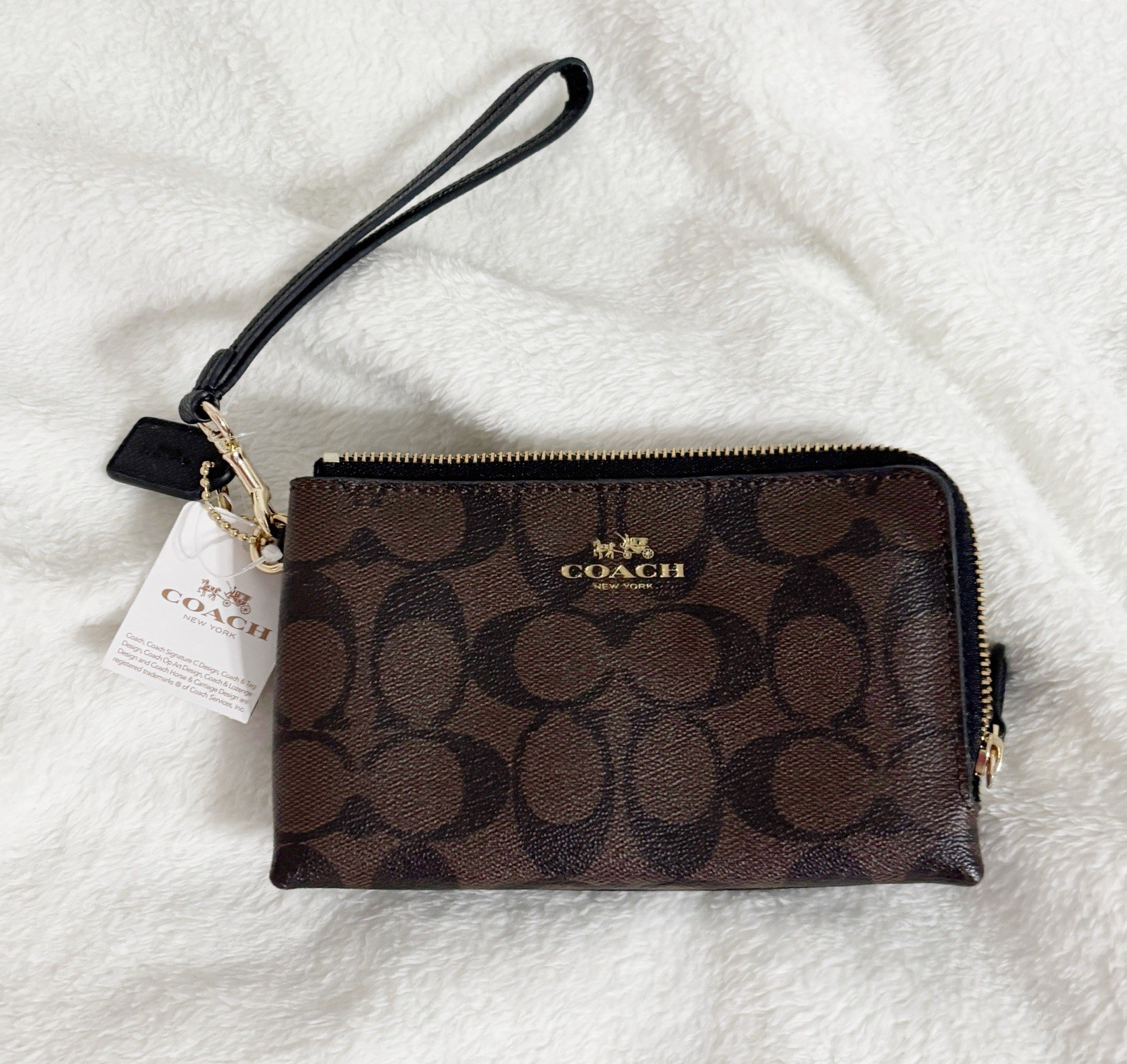 Coach, Signature PVC Brown Black Logo Double Corner Zip Wristlet, #F64131