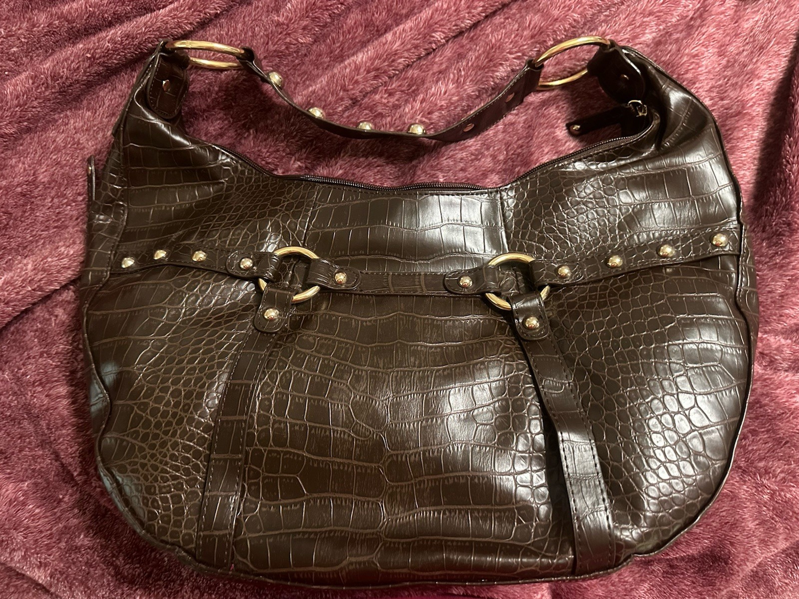 New 90s Brown Boho Croc Embossed Hobo Shoulder Bag Satchel Gold Hardware