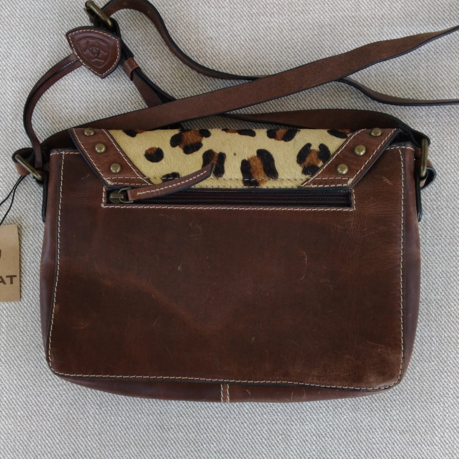 Ariat Studded Leopard Print Crossbody Bag Zip, Detachable Strap, Pockets