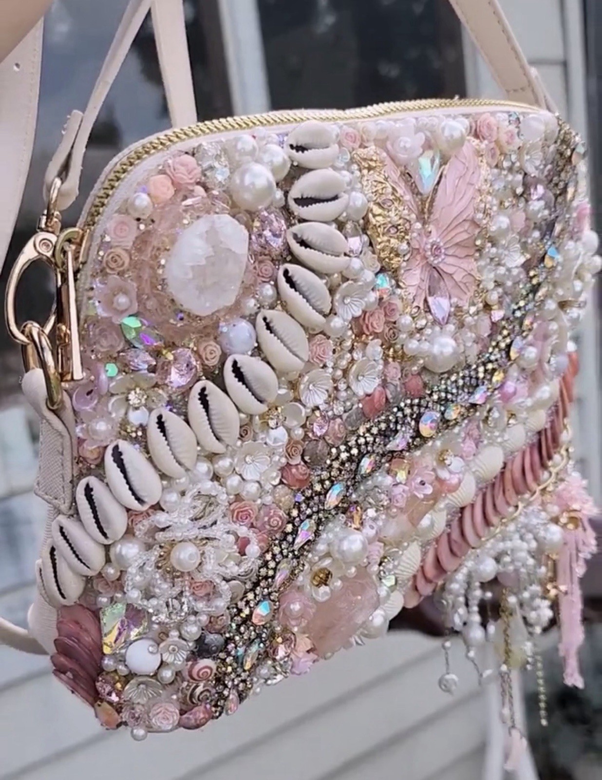 Pink/White Beaded Butterfly Top Handle Bag w/ Detachable Strap, Zipper