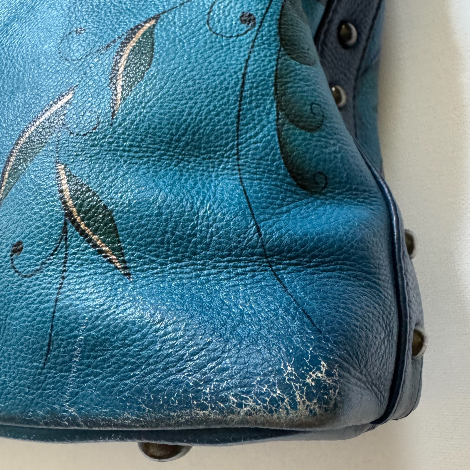 Anna Anuschka Denim Paisley Floral Leather Hobo Bag Purse Handbag Peacock Blue