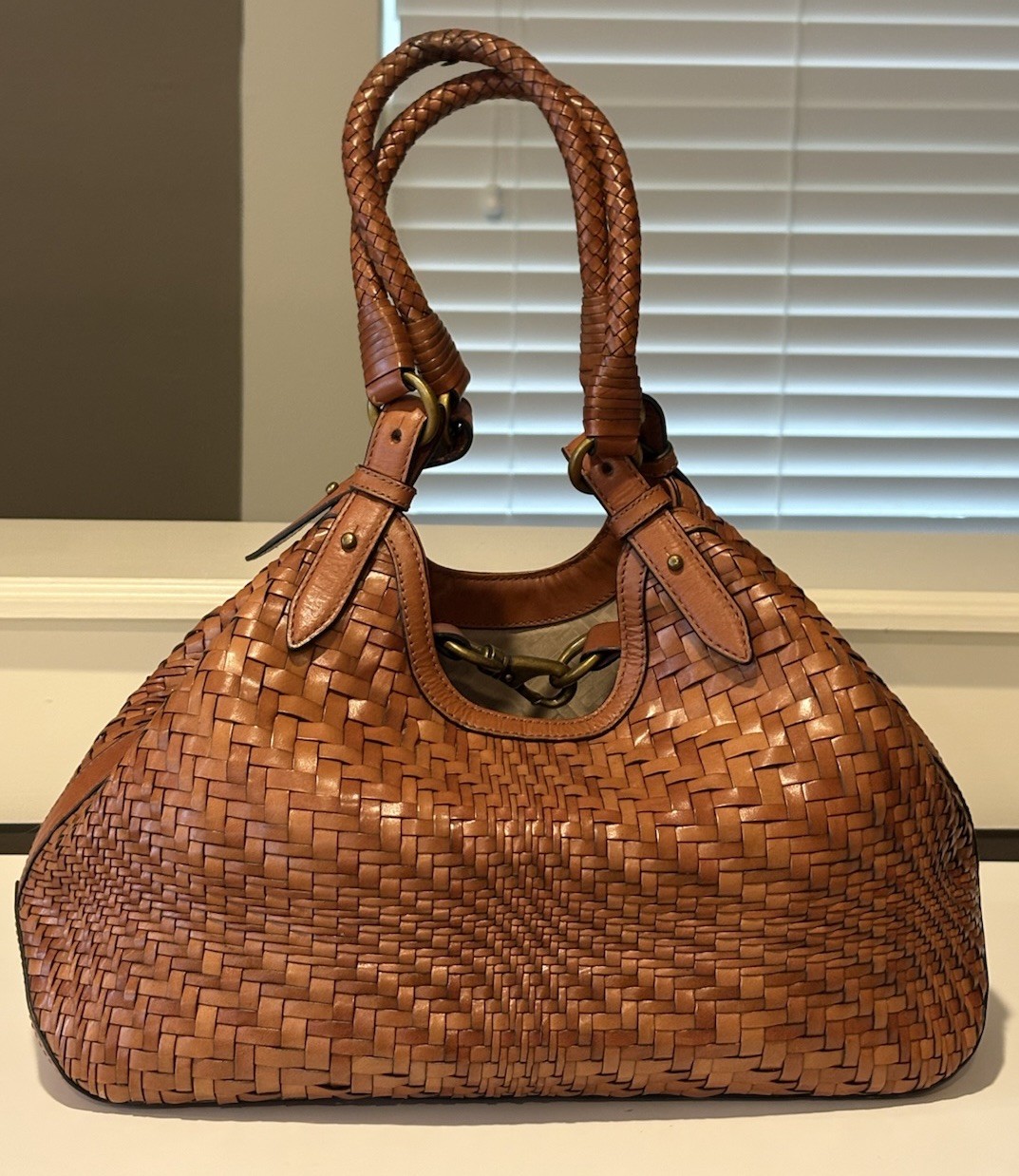 NWT Cole Haan Genevieve Woven Bag Cognac Leather, Woven Handles, Brass Hardware