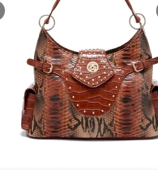 Country & western Style Large Fashion Bag, Textured, Side Pckts Buckle Accents