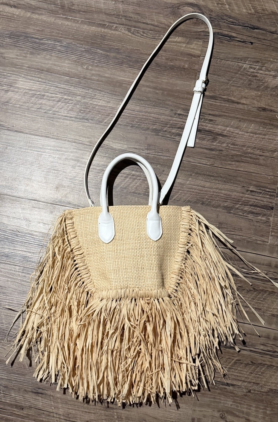 Melie Bianco Beige Fringe Tote Zip Closure Detachable Strap Gold Hardware