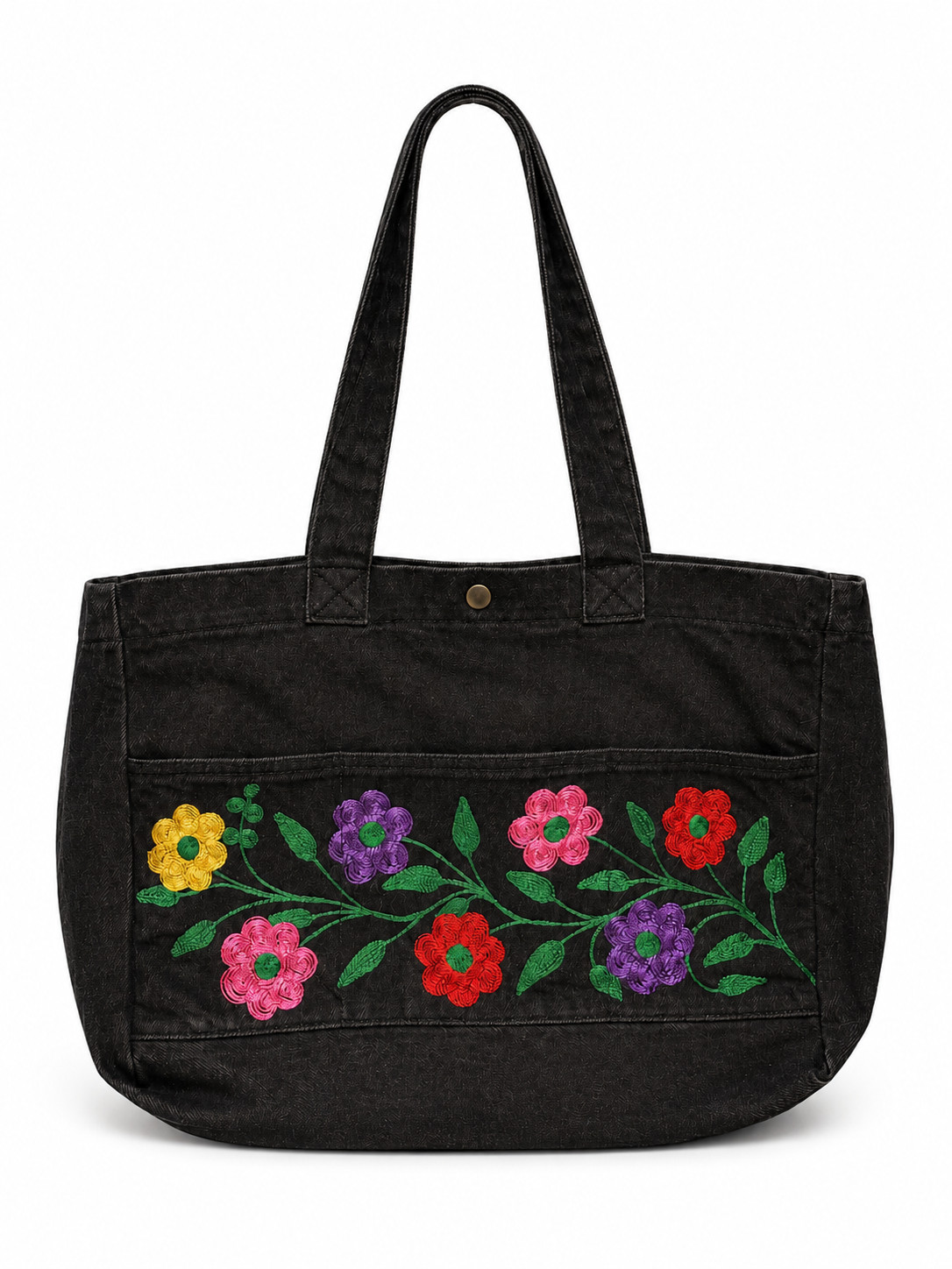 Natural Cotton Denim Shopper Tote with Embroidery