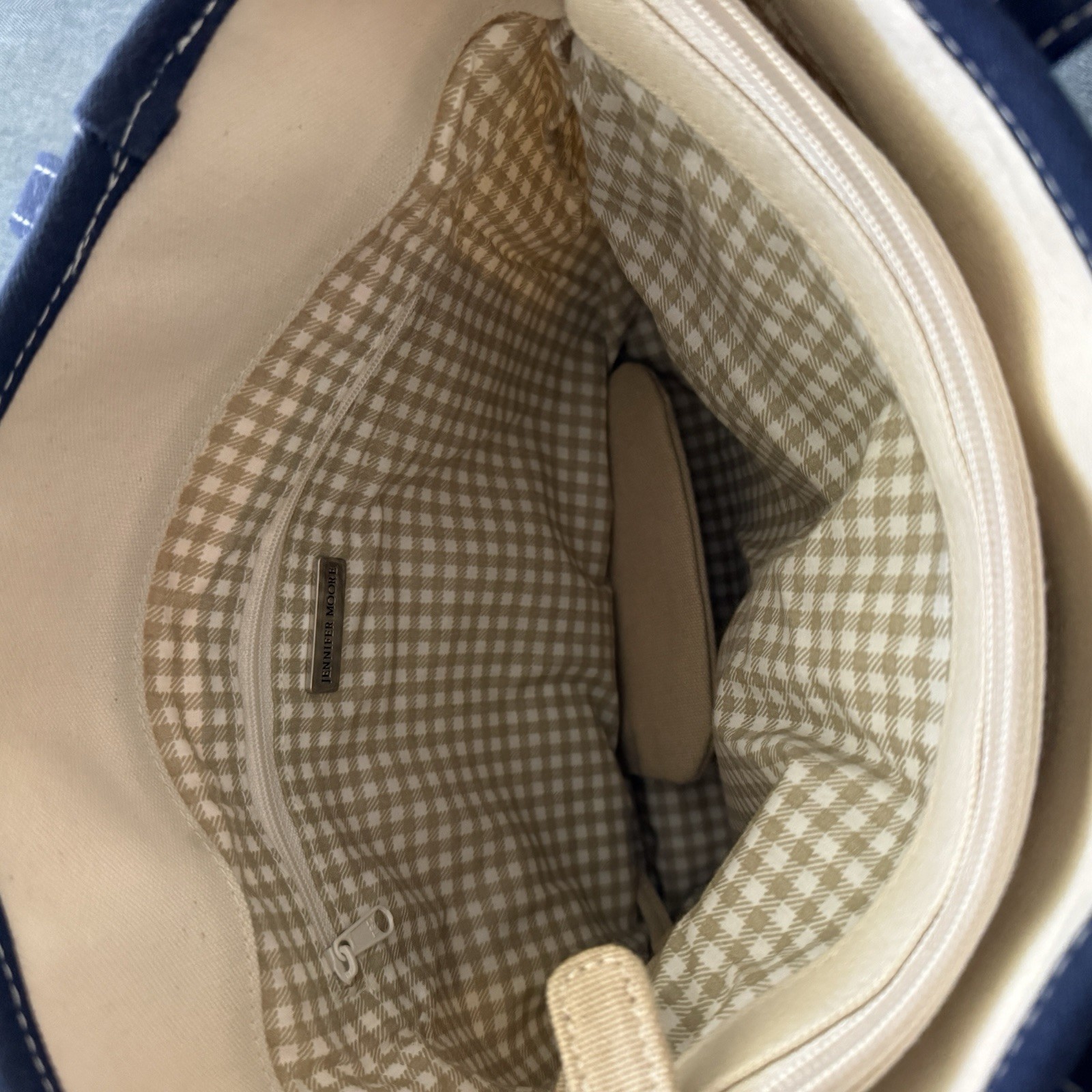 VTG Jennifer Moore Womens Large Tote Bag Canvas Navy Trim Gingham Lined 90s