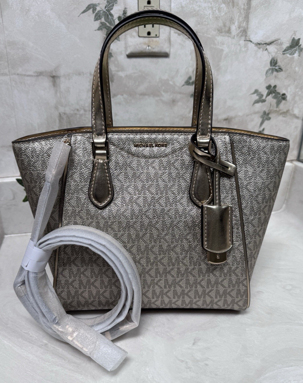 NWT Michael Kors Logo Metallic Gold Taryn Small Convertible Crossbody Tote Bag