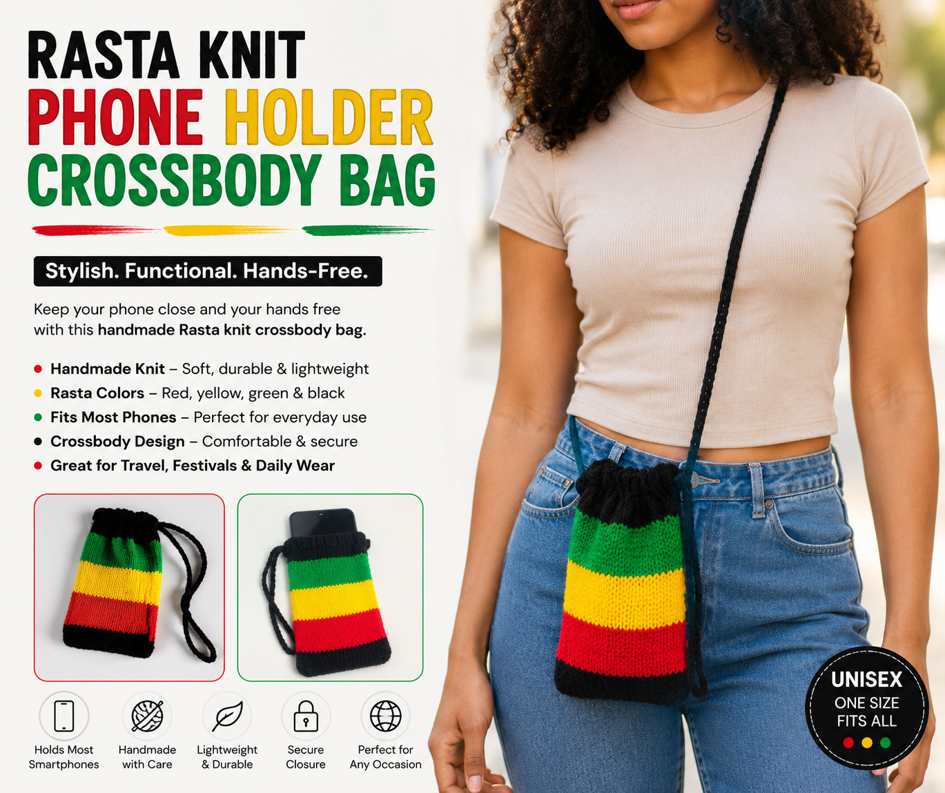 Rasta knit phone wallet holder cross body bag multi color