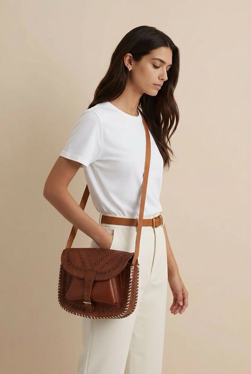 Women’s Brown Saddle Crossbody Bag Crescent Solid Flap Tassel Detachable Strap