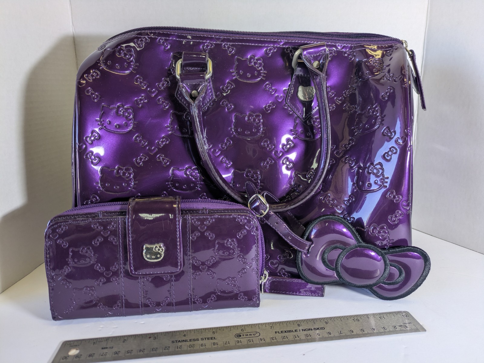 Used Loungefly Hello Kitty Purple Vinyl Metallic Tote Bag And Wallet Sanrio 2010