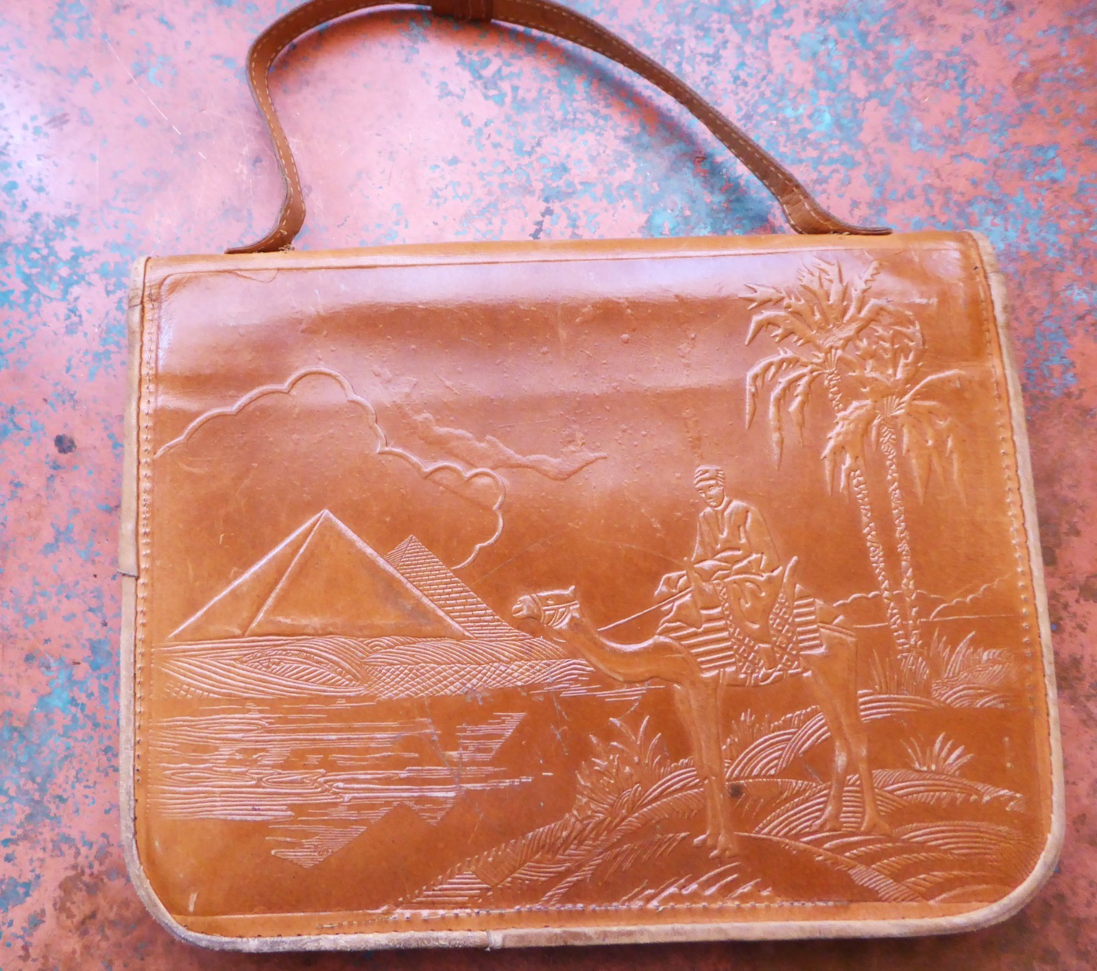 Vintage Egyptian Souvenir Purse Tooled Painted Leather Desert Pyramids