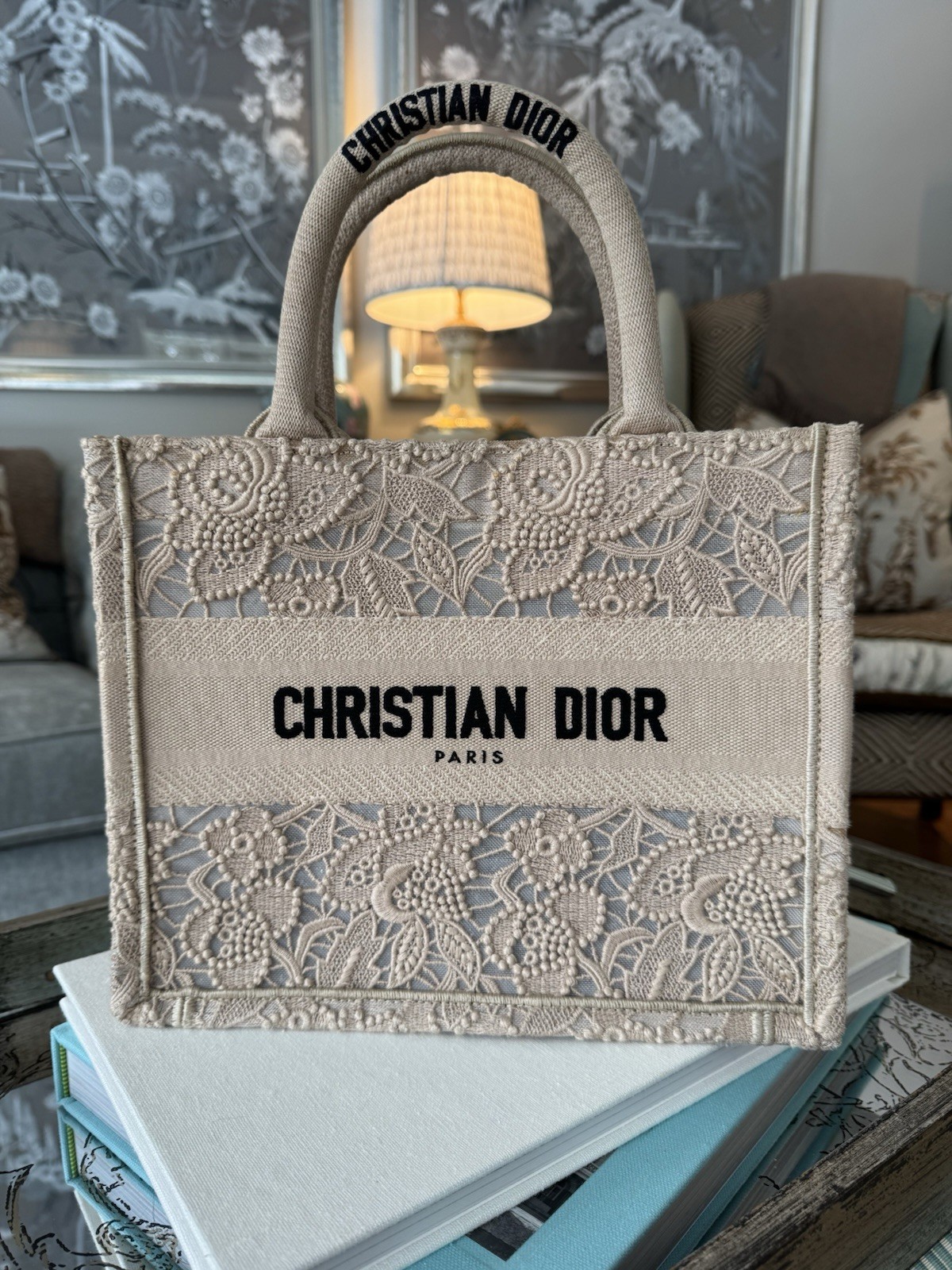 Christian Dior NEW Small Book Tote Embroidered Lace Appliqué BEIGE & BLACK