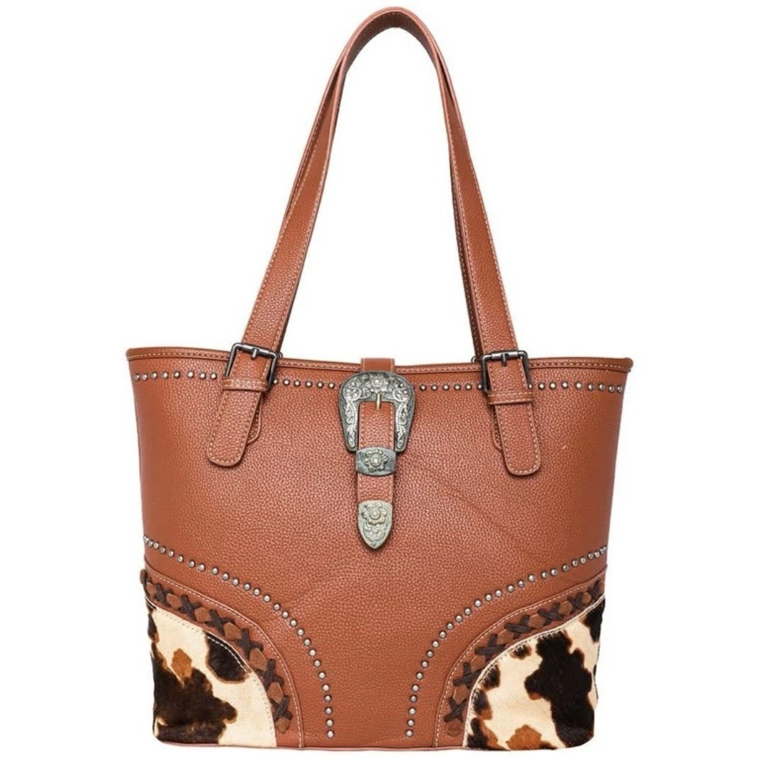 Trinity Ranch Brown Western Studded Buckle Tote Animal Print Zip Pockets Dust