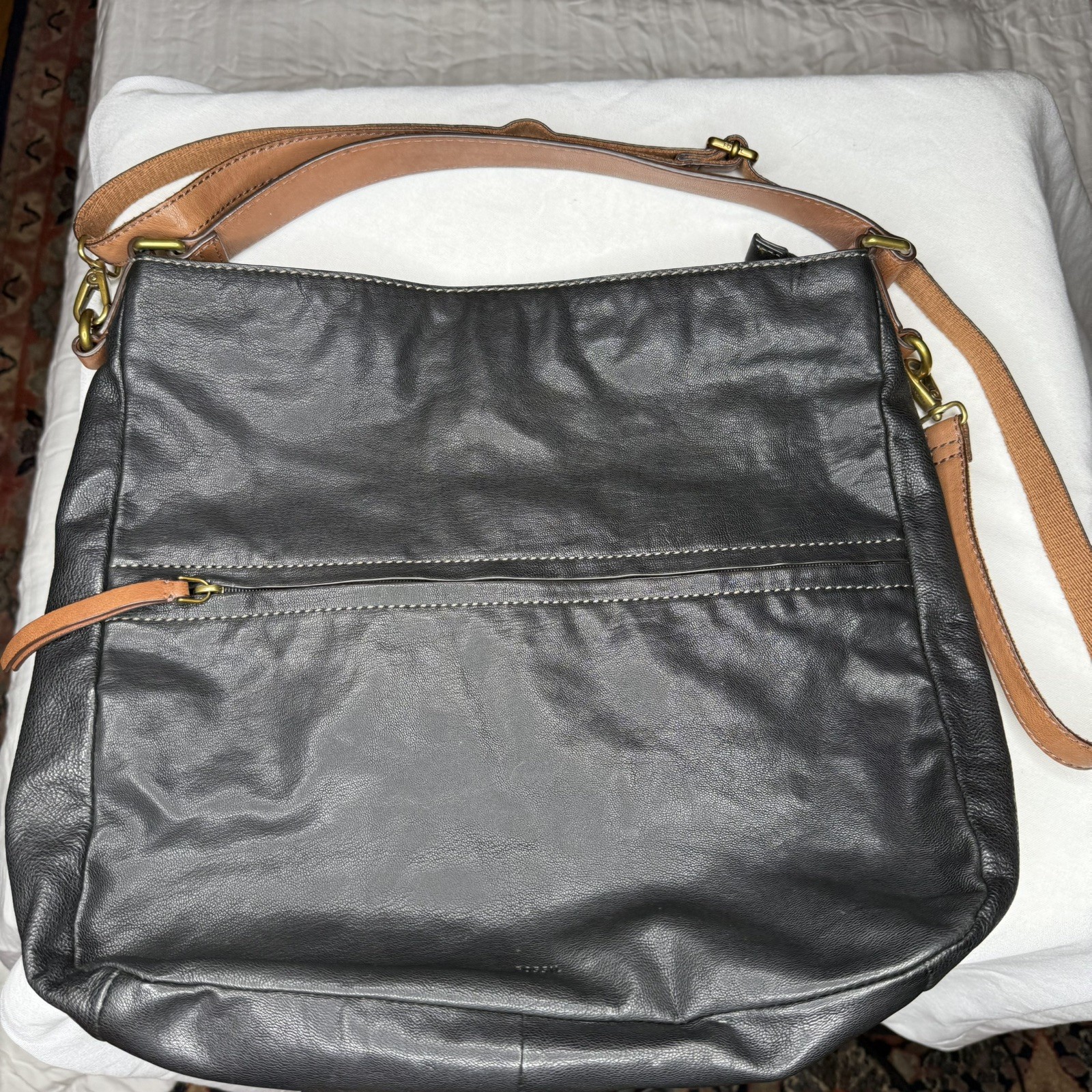 Fossil Purse Black Corey Messenger Hobo Tote Leather Crossbody Adjustable Strap