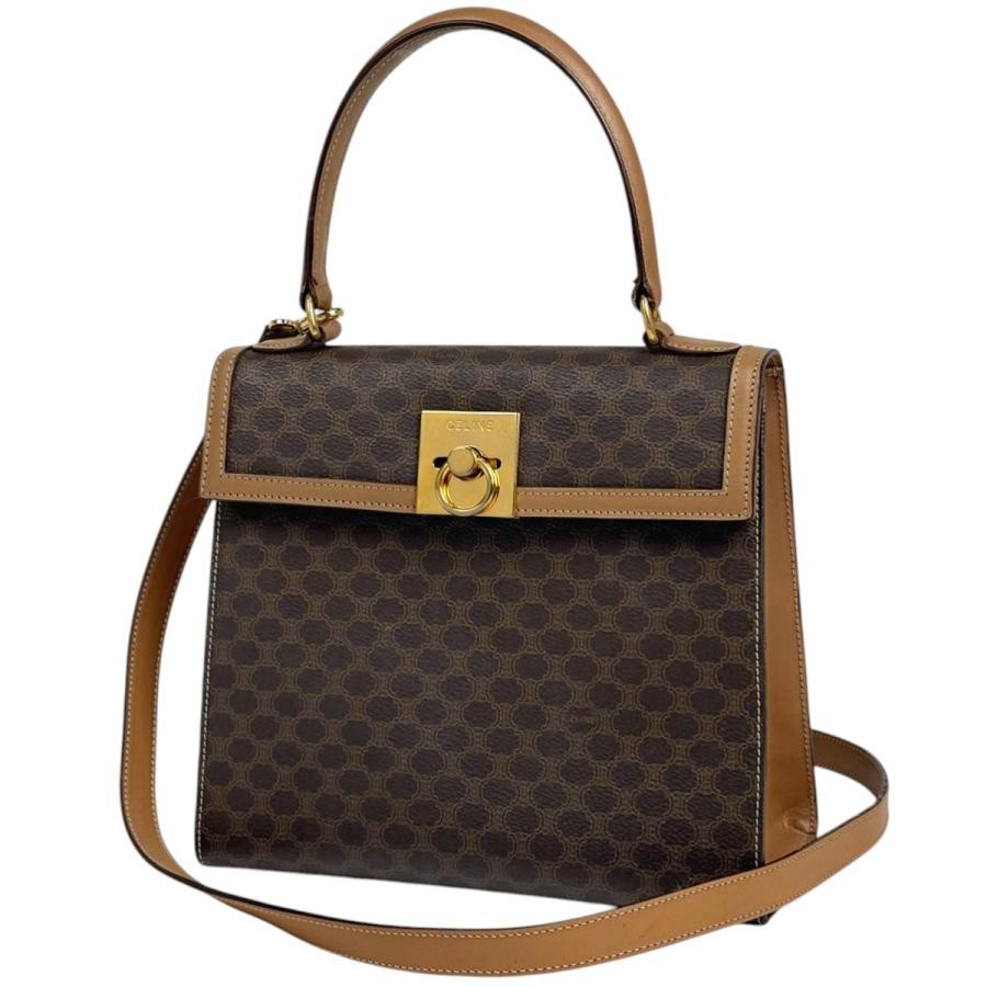 Celine Macadam Pattern 2WAY Coated Canvas Leather Brown Shoulder Bag #BS1722