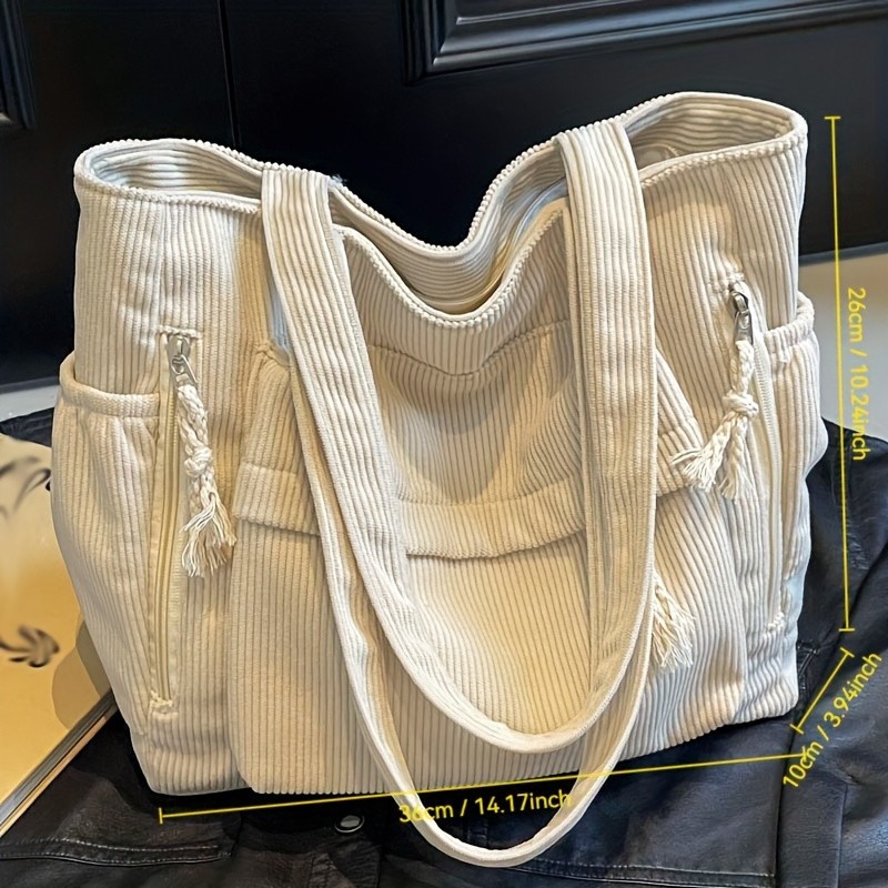 Travel Corduroy Shoulder Bag Casual Solid Color with Multiple Pocket Tote