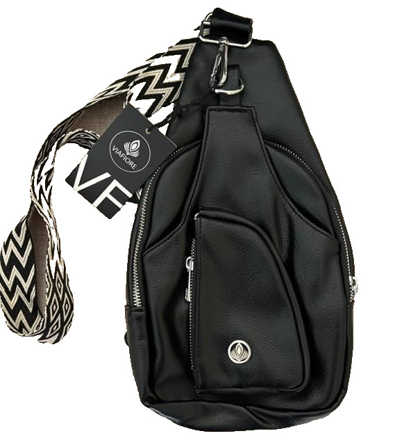 VIA FIORE Designer Women’s Black Vegan Leather Crossbody Sling Bag New With Tags