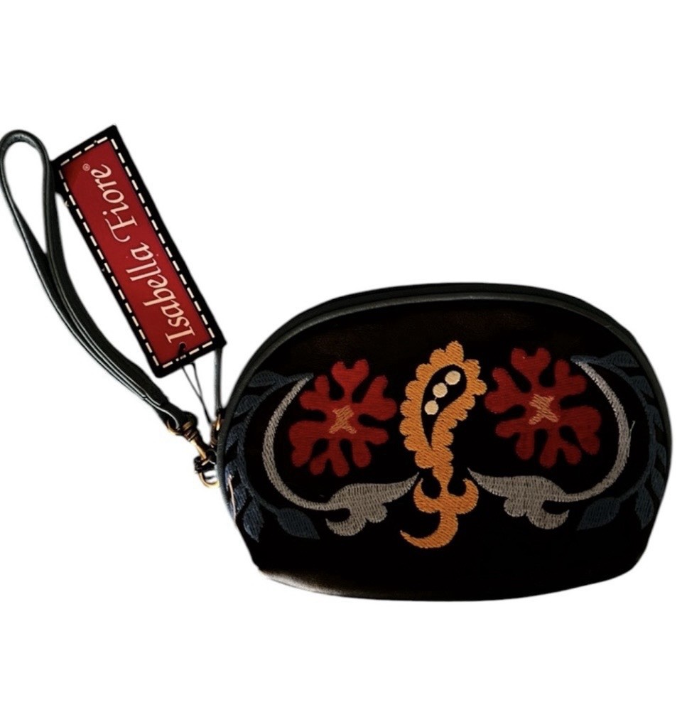 Isabella Piore Black Wristlet with Red and Gold Embroidery