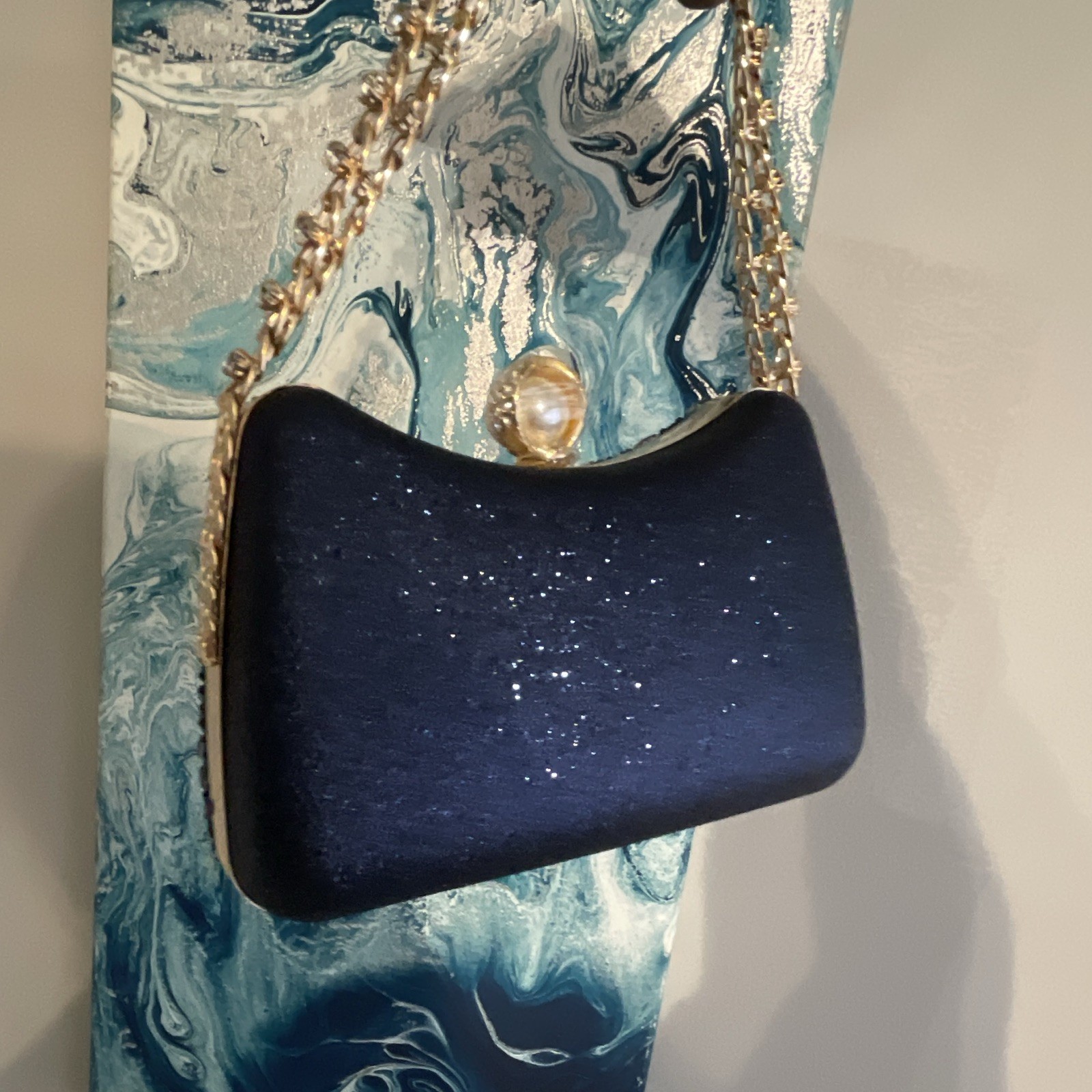Blue Beaded Kiss Lock Small Shoulder Bag Gold Chain Strap Formal Party