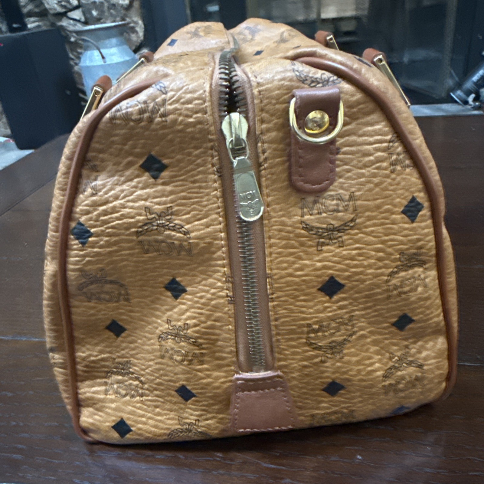 MCM Boston Bag Leather Visetos Pattern Brown Pre-owned, Slight Wear Japan