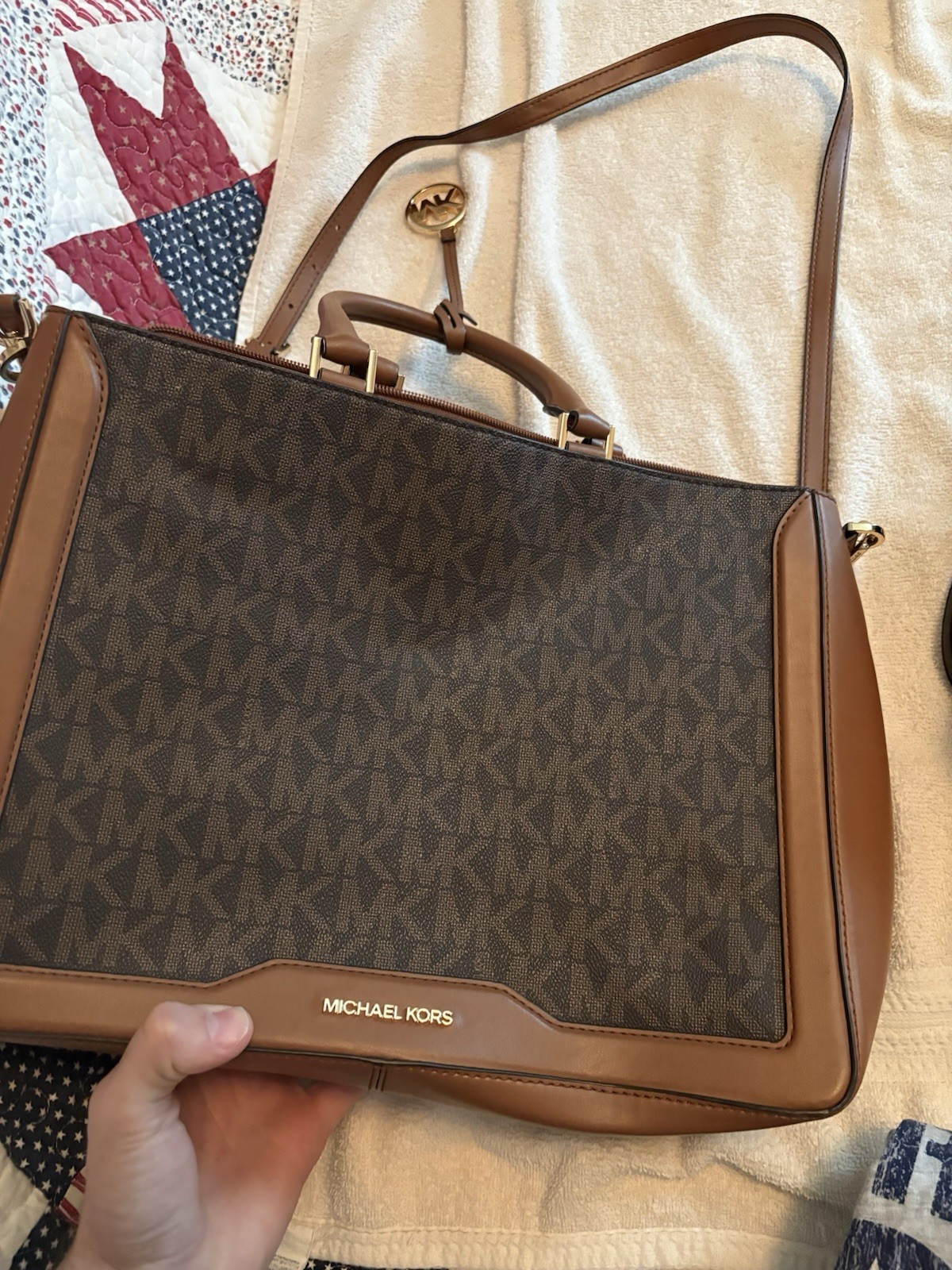 Michael Kors Signature Brown Logo Satchel Medium Zip w/ Detachable Crossbody